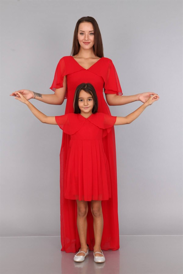 Melek Kol Anne Kız Kırmızı Elbise