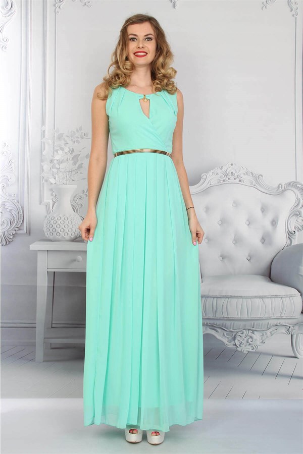 Yaka Aksesuarlı Elbise-Mint Yeşil