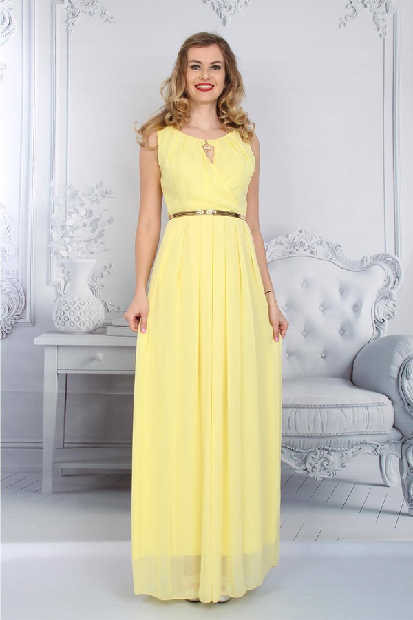 Yaka Aksesuarlı Elbise Sarı