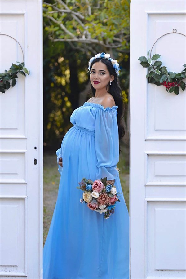 Babyshower Dökümlü Hamile Elbisesi Bebe Mavi