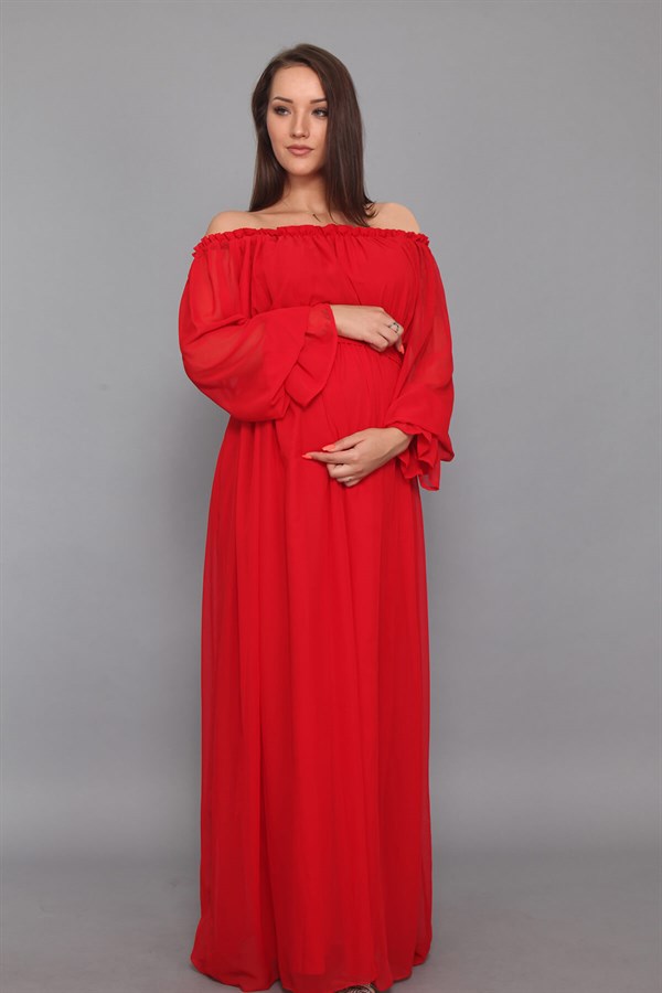 Babyshower Dökümlü Hamile Elbisesi Kırmızı