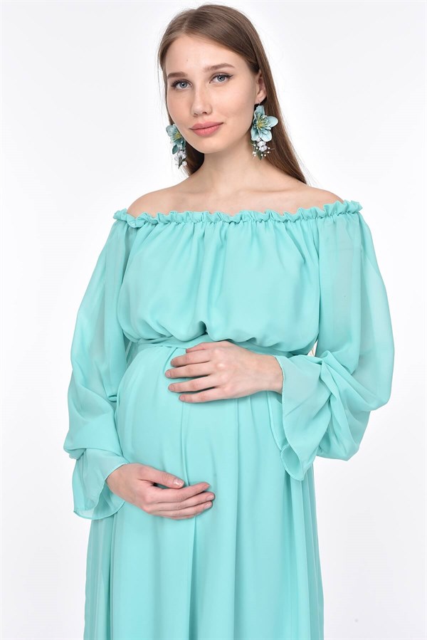 Dökümlü Kol Hamile Elbise-Mint Yeşil