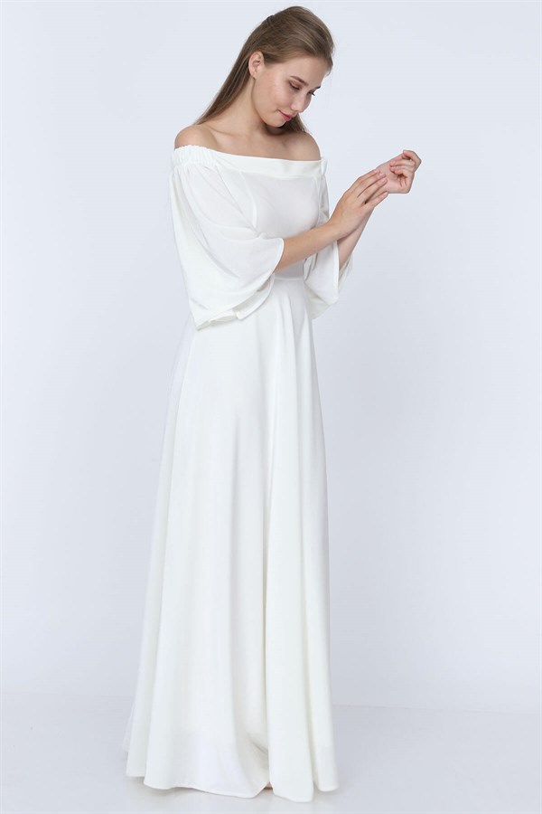 Düşük Omuz Kadife Elbise Beyaz