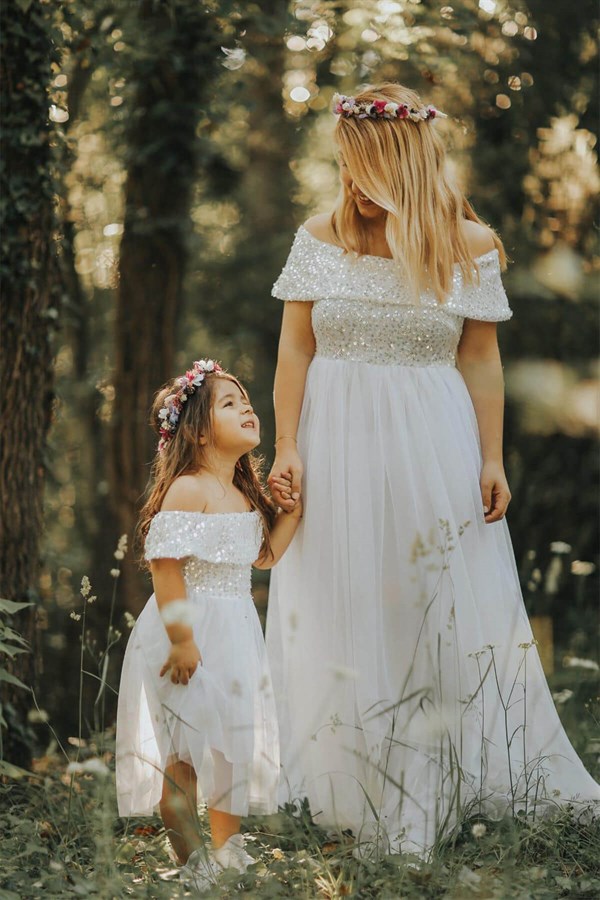 Pul Payet Anne Kız Elbise Beyaz
