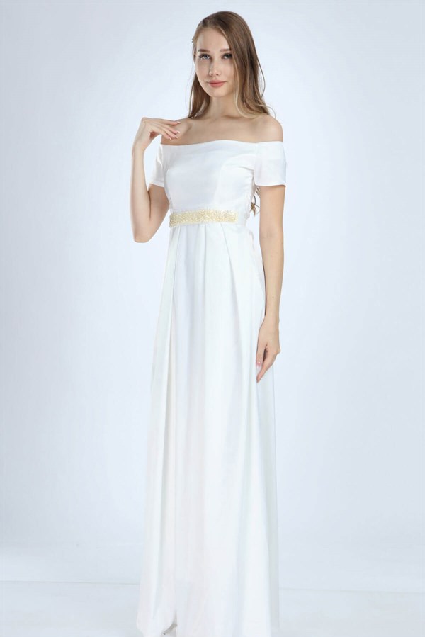 Saten İncili Beyaz Elbise