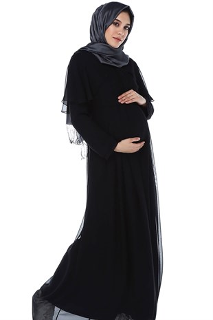 Babyshower Melek Kol Tesettür Hamile Elbisesi Siyah