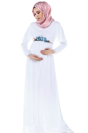 Melek Kol Tesettür Beyaz Hamile Elbise