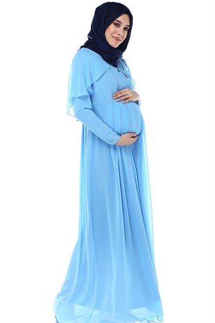 Babyshower Melek Kol Tesettür Hamile Elbisesi Bebe Mavi