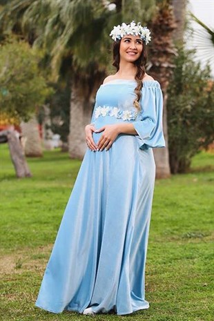 Düşük Omuz Kadife Hamile Elbisesi Bebe Mavi