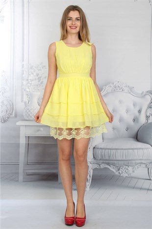 Etek Ucu Dantel İşleme Mini Elbise Sarı