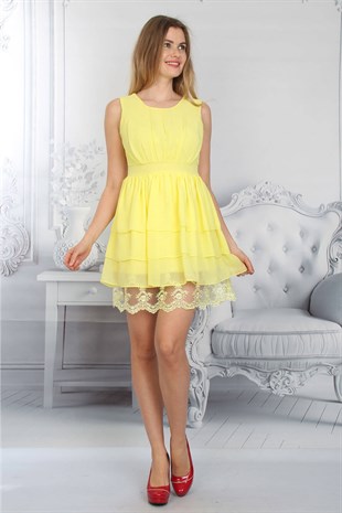 Etek Ucu Dantel İşleme Mini Elbise Sarı