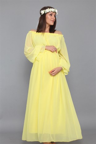 Babyshower Dökümlü Hamile Elbisesi Sarı