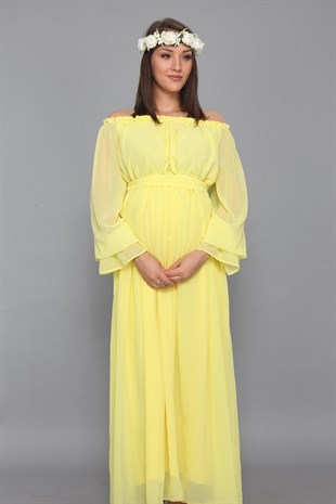 Babyshower Dökümlü Hamile Elbisesi Sarı