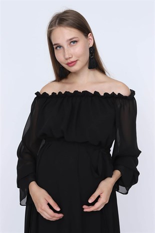 Babyshower Dökümlü Hamile Elbisesi Siyah