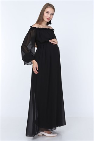 Babyshower Dökümlü Hamile Elbisesi Siyah
