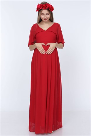 Babyshower Melek Kol Hamile Elbisesi Kırmızı