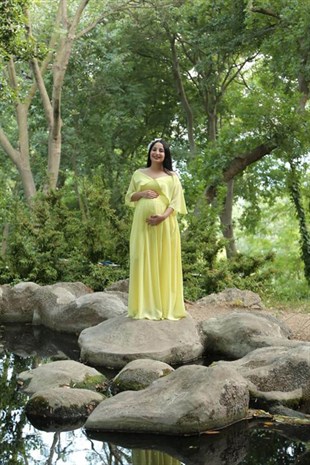 Babyshower Melek Kol Hamile Elbisesi Sarı