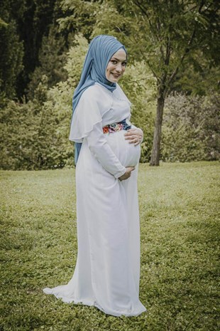 Babyshower Melek Kol Tesettür Hamile Elbisesi Beyaz