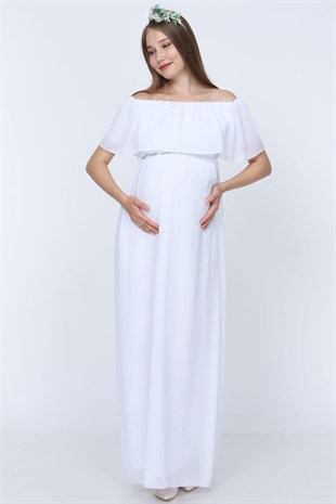 Babyshower Şifon Düşük Omuz Hamile Elbisesi Beyaz