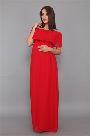 Babyshower Şifon Düşük Omuz Hamile Elbisesi Kırmızı