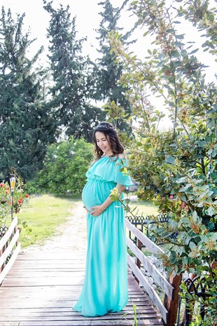 Babyshower Şifon Düşük Omuz Hamile Elbisesi Mint Yeşil