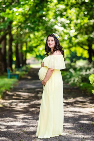 Babyshower Şifon Düşük Omuz Hamile Elbisesi Sarı