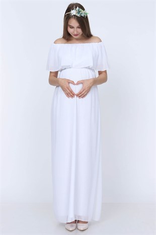 Babyshower Şifon Düşük Omuz Hamile Elbisesi Beyaz