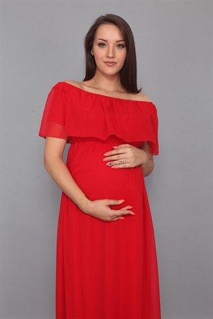 Babyshower Şifon Düşük Omuz Hamile Elbisesi Kırmızı