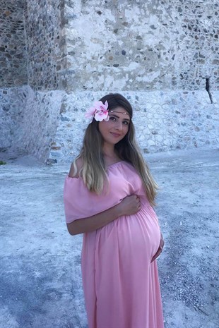 Babyshower Şifon Düşük Omuz Hamile Elbisesi Pembe