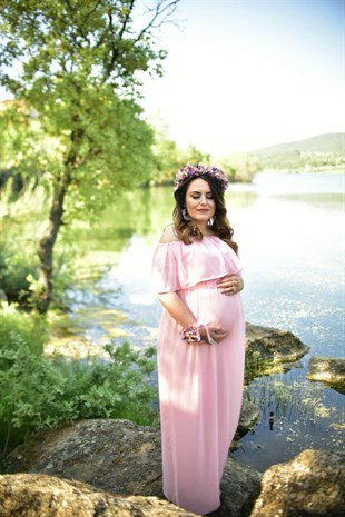 Babyshower Şifon Düşük Omuz Hamile Elbisesi Pudra