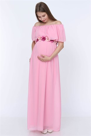 Babyshower Şifon Düşük Omuz Hamile Elbisesi Pembe