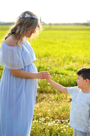Babyshower Şifon Düşük Omuz Hamile Elbisesi Bebe Mavi