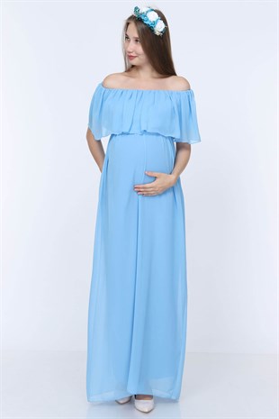 Babyshower Şifon Düşük Omuz Hamile Elbisesi Bebe Mavi