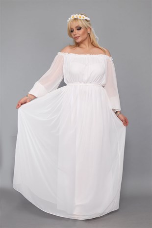 Dökümlü Büyük Beden Elbise Beyaz