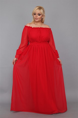Dökümlü Büyük Beden Elbise Kırmızı