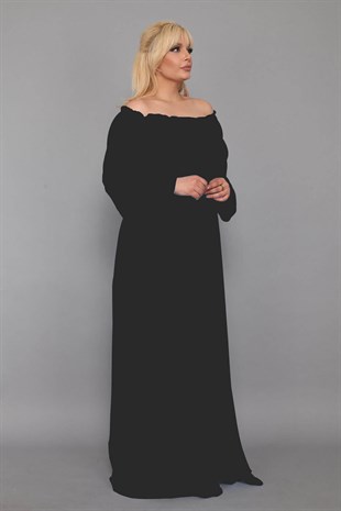 Dökümlü Büyük Beden Elbise-Siyah