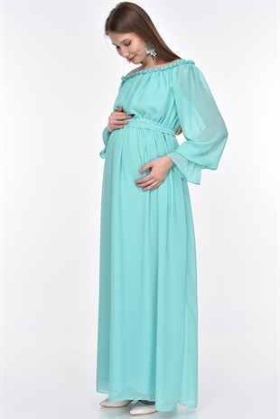 Dökümlü Kol Hamile Elbise-Mint Yeşil
