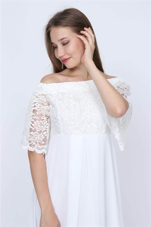 Düşük Omuz Dantel Elbisesi Beyaz