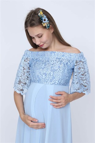 Düşük Omuz Dantel Hamile Elbisesi Bebe Mavi