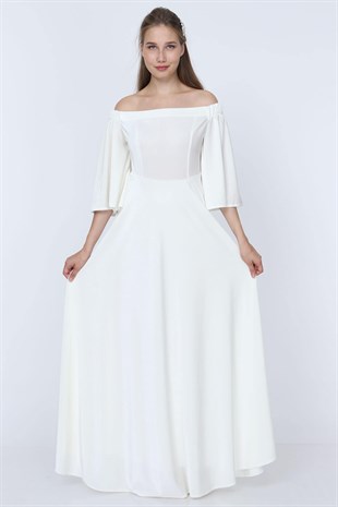 Düşük Omuz Kadife Elbise Beyaz