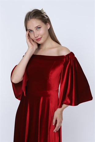 Düşük Omuz Kadife Elbise Kırmızı