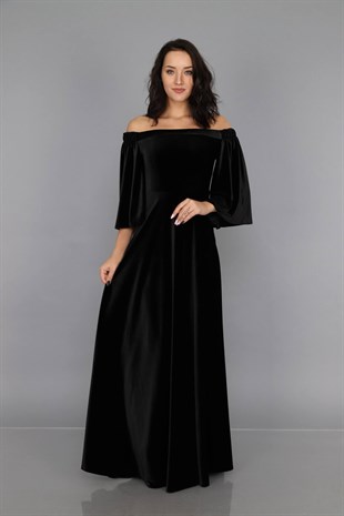 Düşük Omuz Kadife Elbise Siyah