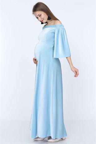 Düşük Omuz Kadife Hamile Elbisesi Bebe Mavi