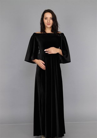 Düşük Omuz Kadife Hamile Elbisesi Siyah