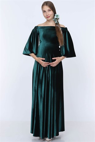 Düşük Omuz Kadife Hamile Elbisesi Zümrüt Yeşil