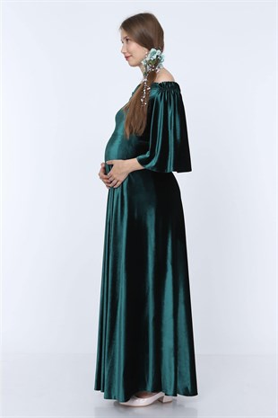 Düşük Omuz Kadife Hamile Elbisesi Zümrüt Yeşil