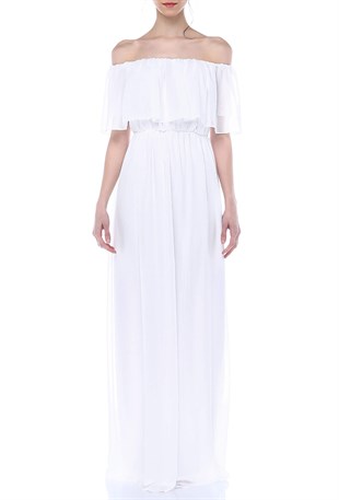 Düşük Omuz Şifon Elbise Beyaz