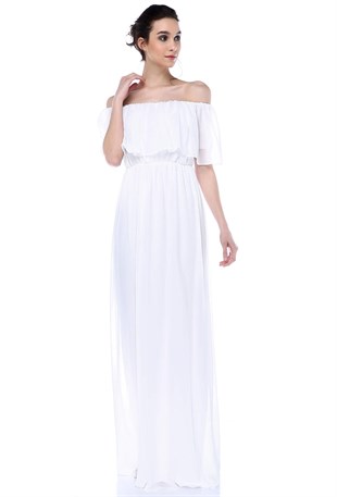 Düşük Omuz Şifon Elbise Beyaz