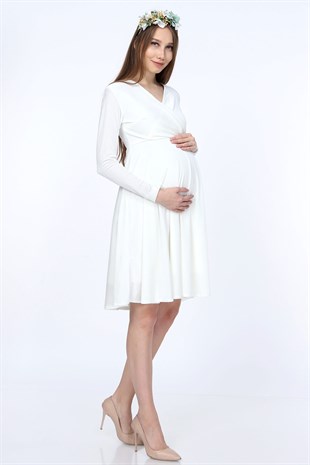 Kadife Kısa Hamile Elbisesi-Beyaz