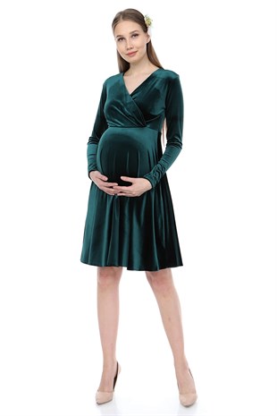 Kadife Kısa Hamile Elbisesi-Zümrüt Yeşil